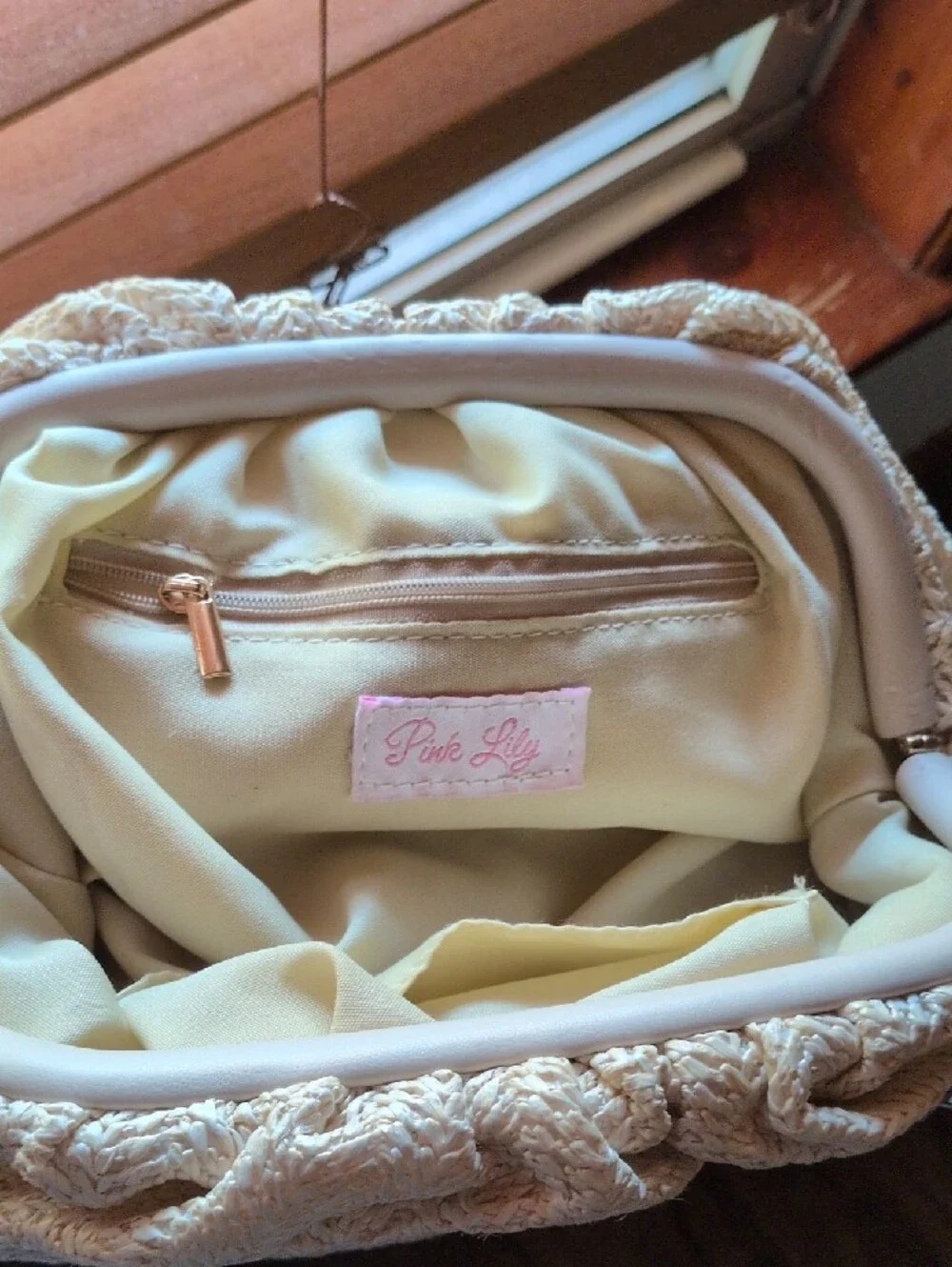 Pink Lily Cream Woven Chain-Shoulder Clutch
